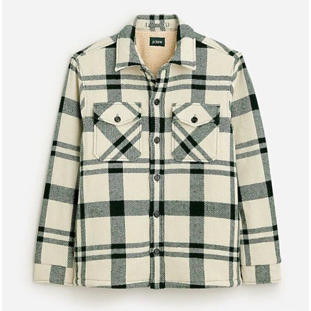 J Crew Men’s Shirt-jacket Sherpa Lining Large NWT Green‎ Plaid Shacket